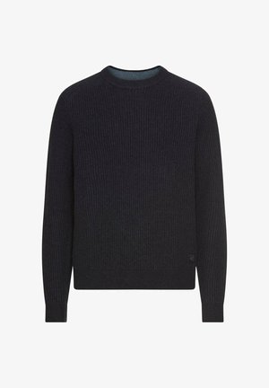 Dunkelgrauer gerippter Pullover mit langen Ärmeln, Rundhalsausschnitt und einem dezenten Logotag am unteren Saum. Aus strukturiertem Strickstoff gefertigt.