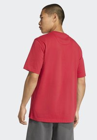 Mladý muž s krátkymi vlasmi, oblečený v jednoduchom červenom tričku s krátkym rukávom a šedých nohaviciach, z pohľadu zozadu na bielom pozadí.