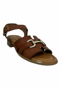 Sandalía marrón con una correa para el tobillo y un tacón bajo. Presenta una puntera cerrada, detalles de hebillas metálicas y elementos de diseño con recortes.
