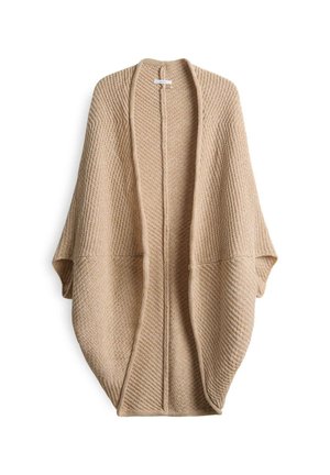 Cardigan en maille beige avec un design ouvert et décontracté à l'avant, en tissu texturé, avec des manches larges et un motif à côtes subtil.