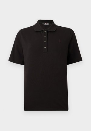 Black short-sleeve polo shirt made of cotton, featuring a three-button placket, a classic collar, and a small brand logo on the chest.