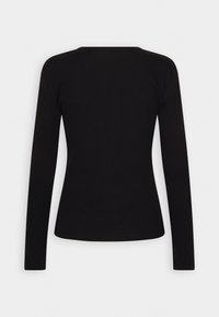 Schwarzes Langarmshirt aus glattem Stoff, das eine taillierte Silhouette und einen Rundhalsausschnitt aufweist, ohne sichtbare Muster oder Verzierungen.