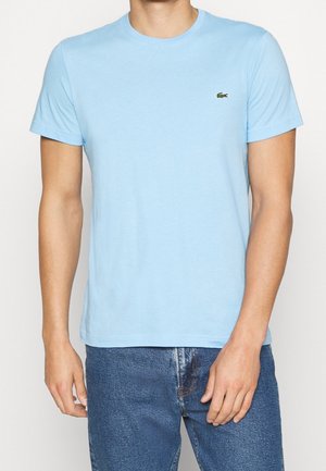 T-shirt di cotone azzurro chiaro con collo rotondo e maniche corte. Presenta un piccolo logo ricamato in verde a forma di coccodrillo sul petto.