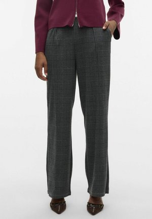 Pantaloni a quadri grigi con design a gamba dritta, realizzati in tessuto testurizzato, dotati di tasche laterali e vita allungata.