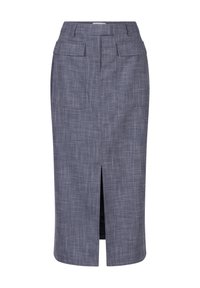 Grijze, knie-lange kokerrok van een gestructureerde stof, met een split aan de voorkant en twee voorzakken. Eenvoudig ontwerp met een getailleerde silhouet.