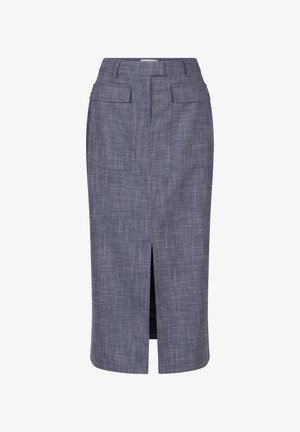 Gray, knee-length pencil skirt with a textured fabric, front slit, and two front pockets. Clean design with a fitted silhouette.