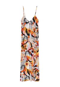 Abito slip in satin con spalline sottili, caratterizzato da una stampa tropicale astratta dai colori vivaci in toni di arancione, nero e rosa. Design fluido.