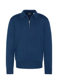 Granatowy sweter dzianinowy z zamkiem błyskawicznym przy kołnierzu, lekką teksturą, długimi rękawami oraz prążkowanymi mankietami i dołem dla dopasowanego wyglądu.