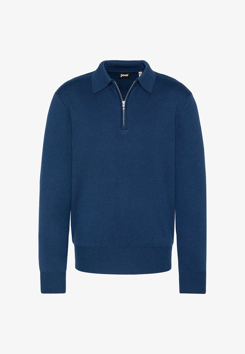 Marineblaues Strickpullover mit einem Reißverschlusskragen, leichtem Material, langen Ärmeln und gerippten Bündchen und Saum für eine körpernahe Passform.