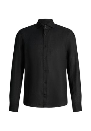 Camicia nera a maniche lunghe con colletto classico e bottoni visibili sul davanti.