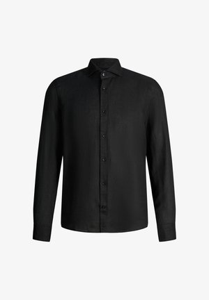 Camicia nera a maniche lunghe con colletto classico e bottoni visibili sul davanti.