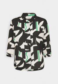Chemise à boutons noire et blanche avec des motifs verts abstraits, dotée d'un col et de manches trois-quarts. Tissu lisse.