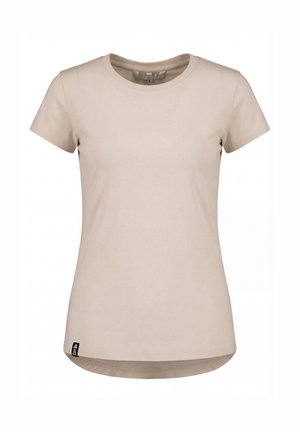 Beige short-sleeve crew neck T-shirt with a small black tag near the bottom hem on a plain white background.