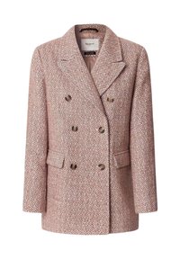 Manteau rose à chevrons double boutonnage avec boutons dorés, revers crantés et deux poches avant. Tissu texturé avec une silhouette structurée.