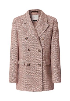 Doppelreihiger rosa Fischgrätmantel mit goldenen Knöpfen, eingekerbten Revers und zwei vorderen Taschen. Strukturiertes Gewebe mit strukturiertem Silhouetten.