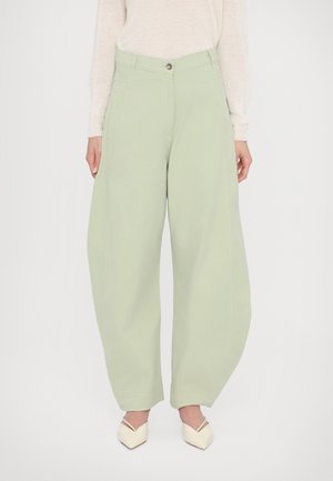 Light green wide-leg pants made of lightweight fabric, featuring a high waist and front button closure, with side pockets and minimal stitching.