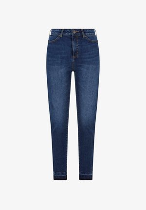 Tumši zili džinsi ar šauru piegriezumu, izgatavoti no denima auduma, ar piecām kabatām, priekšējo poga aizdari un maigi izbalējuši.