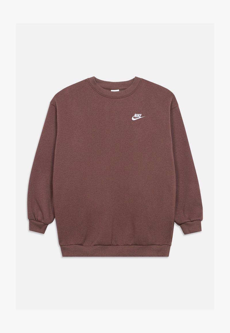 Barna pamut pulóver kerek nyakkivágással és puffos ujjakkal. A mellkason egy kis fehér Nike logó található. Puha tapintású.