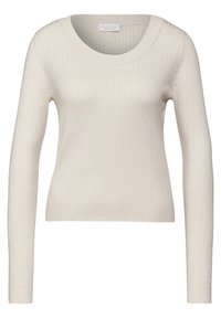 Geribbelde, lange mouwen trui in off-white. Beschikt over een ronde halslijn, een zachte textuur en een aansluitende pasvorm, geschikt voor zowel lagen als om op zichzelf te dragen.