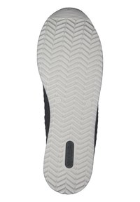 Suola della scarpa con tomaia nera e suola in gomma bianca. Presenta un motivo a zigzag per la presa e un marchio impresso sul lato.
