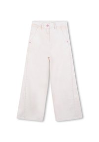Lichtroze wijde jeans met hoge taille, voorzien van twee voorzakken en een knoopsluiting. Soepele textuur, denim stof.