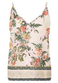 Camisola floreale in beige chiaro con stampe botaniche verdi, rosa e arancioni; presenta un colletto a V e spalline sottili, decorata con un bordo decorativo.