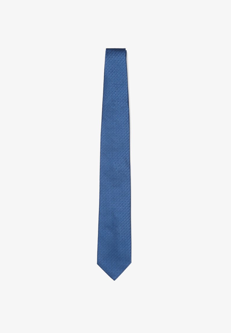 Blauwe gestructureerde stropdas met een smalle vorm en taps toelopende punt. Beschikt over een subtiel geometrisch patroon overal. Gemaakt van een gladde stof.