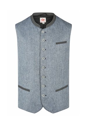 Mouwloos grijs textuurvest met zes knopen aan de voorkant, donkere biezen op de kraag en zakken, en een klein borstzakje aan de rechterkant.