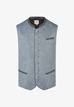 Mouwloos grijs textuurvest met zes knopen aan de voorkant, donkere biezen op de kraag en zakken, en een klein borstzakje aan de rechterkant.