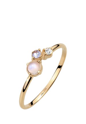 Goldring mit drei Steinen: eine Perle, ein hellvioletter Edelstein und ein kleiner klarer Diamant in einem zarten Ring.