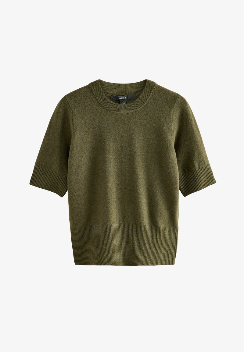 Olive green short-sleeve sweater with a textured surface, ribbed cuffs, and a ribbed hem. Features a round neck and casual design.