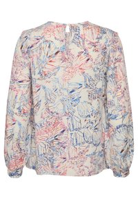 Blusa a maniche lunghe in tessuto leggero con un motivo floreale pastello che presenta tonalità di rosa e blu. Scollo a chiave sul retro con chiusura a bottone.