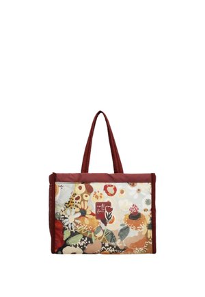 Borsa a tracolla rettangolare con manici e bordo color amaranto, con motivo floreale multicolore e etichetta "well to the flower" sulla parte anteriore.