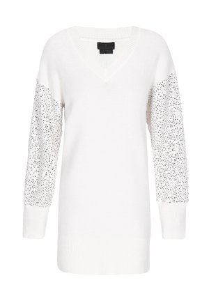 Bílý pletený svetr s výstřihem do V, dlouhými ruk�ávy zdobenými stříbrnými flitry a žebrovanými manžetami a spodním lemem. Měkká textura, uvolněný střih.