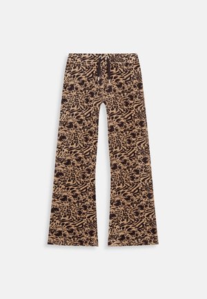 Flared pants with a brown and black floral and animal print. Made of soft fabric, featuring an elastic waistband with a drawstring.