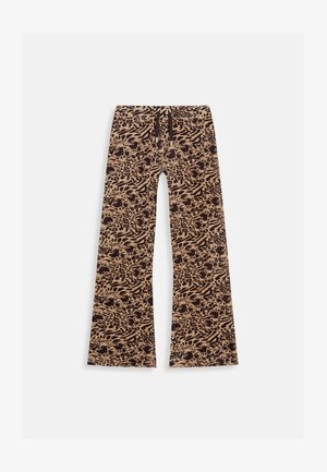Pantaloni svasati con una fantasia floreale e animale marrone e nera. Realizzati in tessuto morbido, presentano un elastico in vita con coulisse.