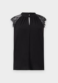Blusa nera senza maniche con maniche a cappuccio in pizzo, scollo alto, piccolo foro anteriore e chiusura con bottoni nel colletto posteriore.