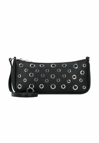 Clutch in pelle nera con dettagli in metallo argentato. Forma rettangolare con chiusura a zip e tracolla rimovibile per maggiore versatilità.