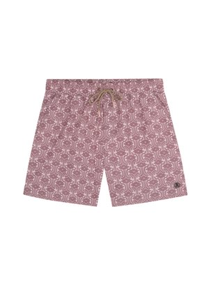 Shorts de baie cu un model floral în roz deschis, cu o talie elastică și șnur legat, și un detaliu mic logo pe margine.