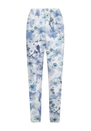 Pantalons légers avec un motif floral aquarelle dans des tons de bleu et blanc. Taille élastique, jambes fuselées et texture lisse.