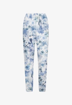 Lightweight trousers featuring a watercolor floral pattern in shades of blue and white. Elastic waistband, tapered legs, and smooth texture.