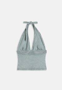 Halterneck kratka majica iz mehkega, svetlo modrozelenega blaga; ima elastičen pas in zavezovanje na vratu, kar zagotavlja prilegajoč, a udoben dizajn.