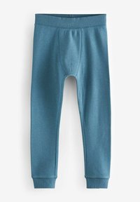 Geribbelde, blauwe legging met een slim fit ontwerp, elastische tailleband en taps toelopende enkelboorden. Middennaaddetail aan de voorkant.