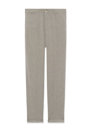 Svetlošedé nohavice vyrobené z textúrovanej tkaniny, s gombíkovým zapínaním, pútkami na opasok a zasunutými koncami. Strih s rovnými nohavicami, bez vreciek.