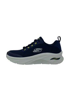 Scarpa sportiva navy con tomaia in rete, suola in gomma bianca, dettagli gialli sui lacci e etichetta "ArchFit" sul lato.