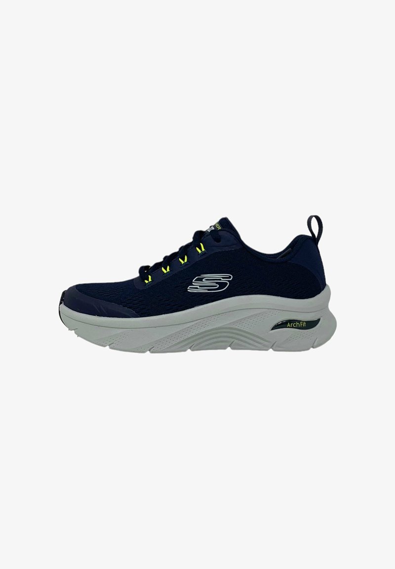 Navy athletic shoe with a mesh upper, white rubber sole, yellow accents on laces, and "ArchFit" label on the side.