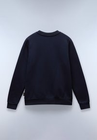 Marineblauwe sweatshirt met een ronde halslijn, lange mouwen en ribbelboorden aan de mouwen en onderkant. Glad stofoppervlak, geen zichtbare patronen of hardware.