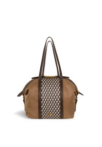 Smeđi ručni torba s tamnosmešnim ručkama i središnjim geometrijskim uzorkom u bež, crnoj i smešnoj bojama, s zlatnim zatvaračem i logotipom.