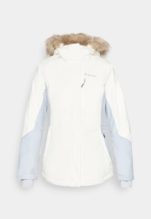 White and light blue women's jacket with fur-lined hood, zip pockets, and elastic cuffs. Waterproof fabric with a fitted design.