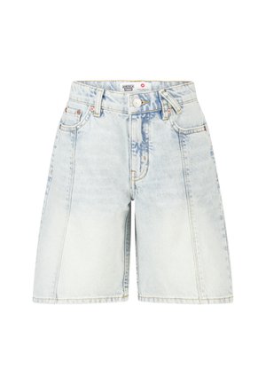 Lichtblauwe denim shorts met hoge taille, vooraan knoop, rits, riemlussen en twee voorzakken, licht vervaagde details.